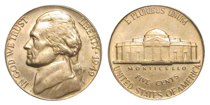 1949 Jefferson nickel obverse and reverse showing no-mint-mark Philadelphia issue