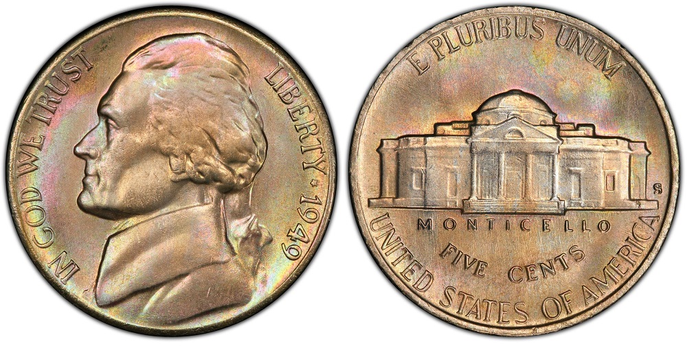Comparison of 1949 nickel Monticello steps showing weak strike with no Full Steps versus sharp complete Full Steps designation