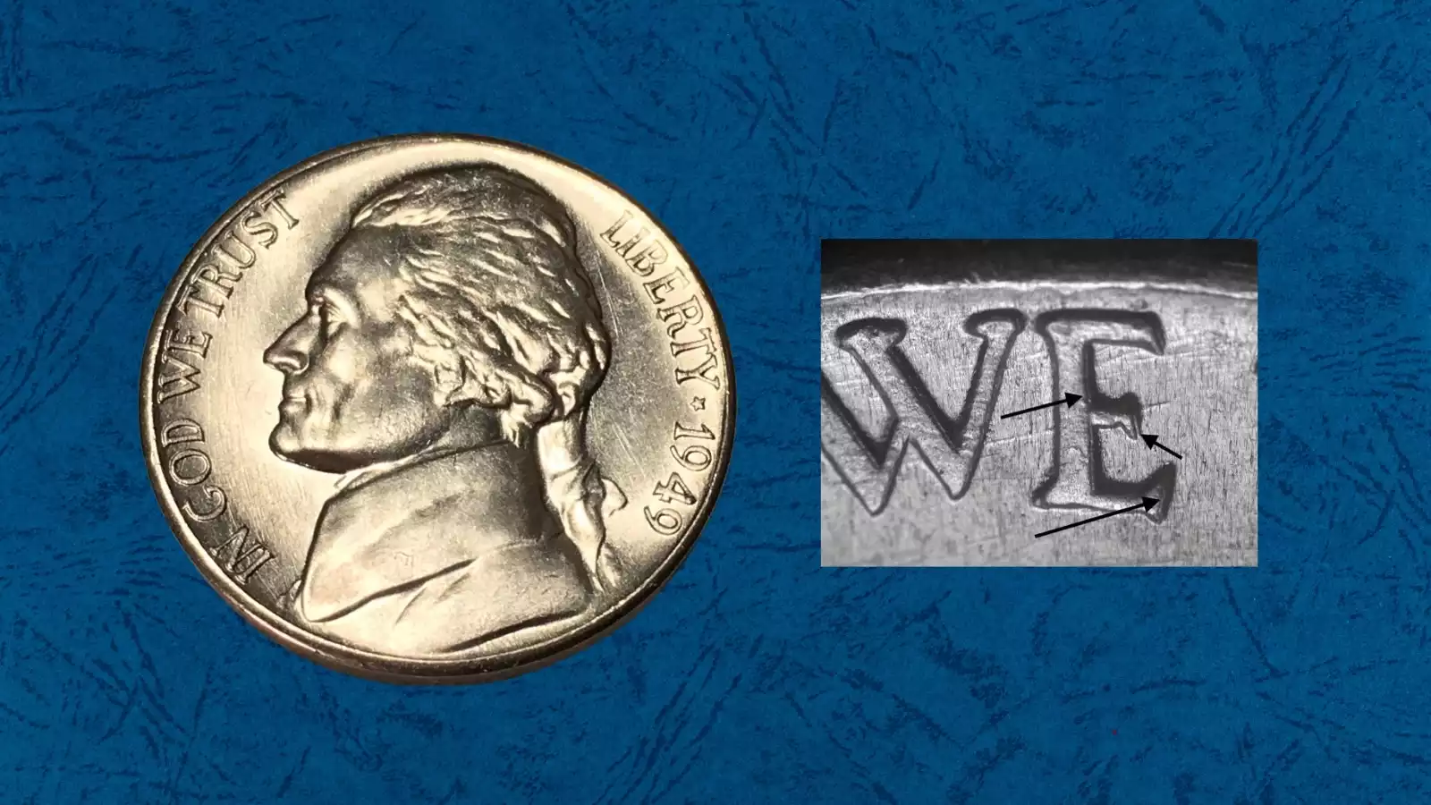 Close-up of 1949 nickel doubled die obverse showing doubling on Jefferson portrait and LIBERTY lettering
