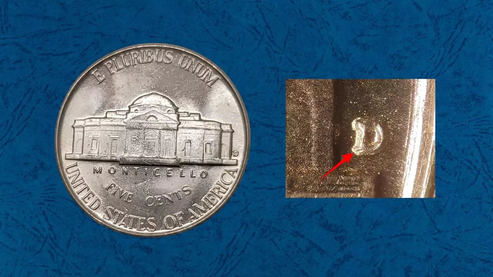 Close-up of 1949 nickel repunched mint mark showing secondary impression of S mint mark shifted from primary position