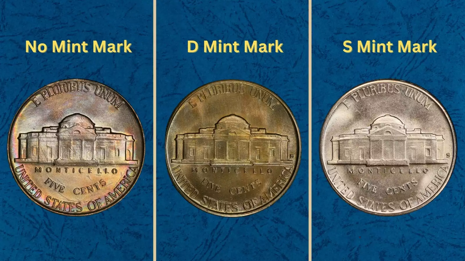 Three 1949 Jefferson nickels showing Philadelphia no-mint-mark, Denver D, and San Francisco S reverses side by side
