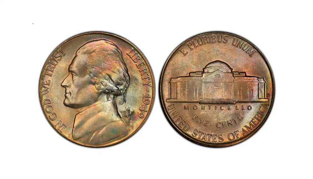 Grading strip showing four 1949 Jefferson nickels from worn Good through gem Mint State condition